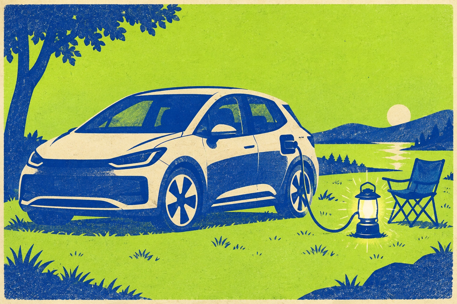 Conceptuele illustratie in blauw en lime van een geparkeerde auto die een campinglamp voedt.