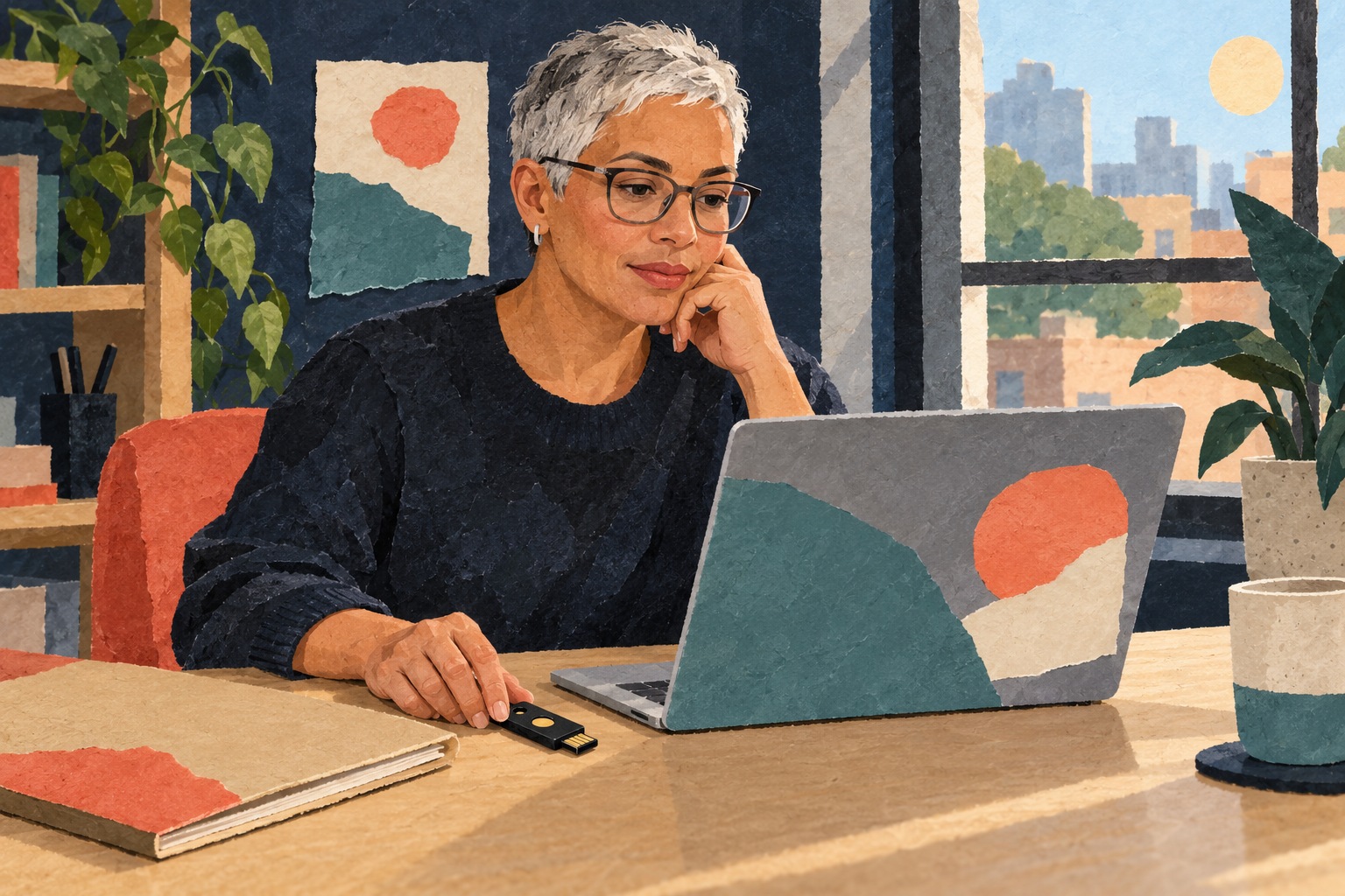 Conceptuele AI-illustratie van een beveiligingsonderzoeker aan een laptop met een beveiligingssleutel en gesloten dossier; geen echte Claude-test of productscherm.