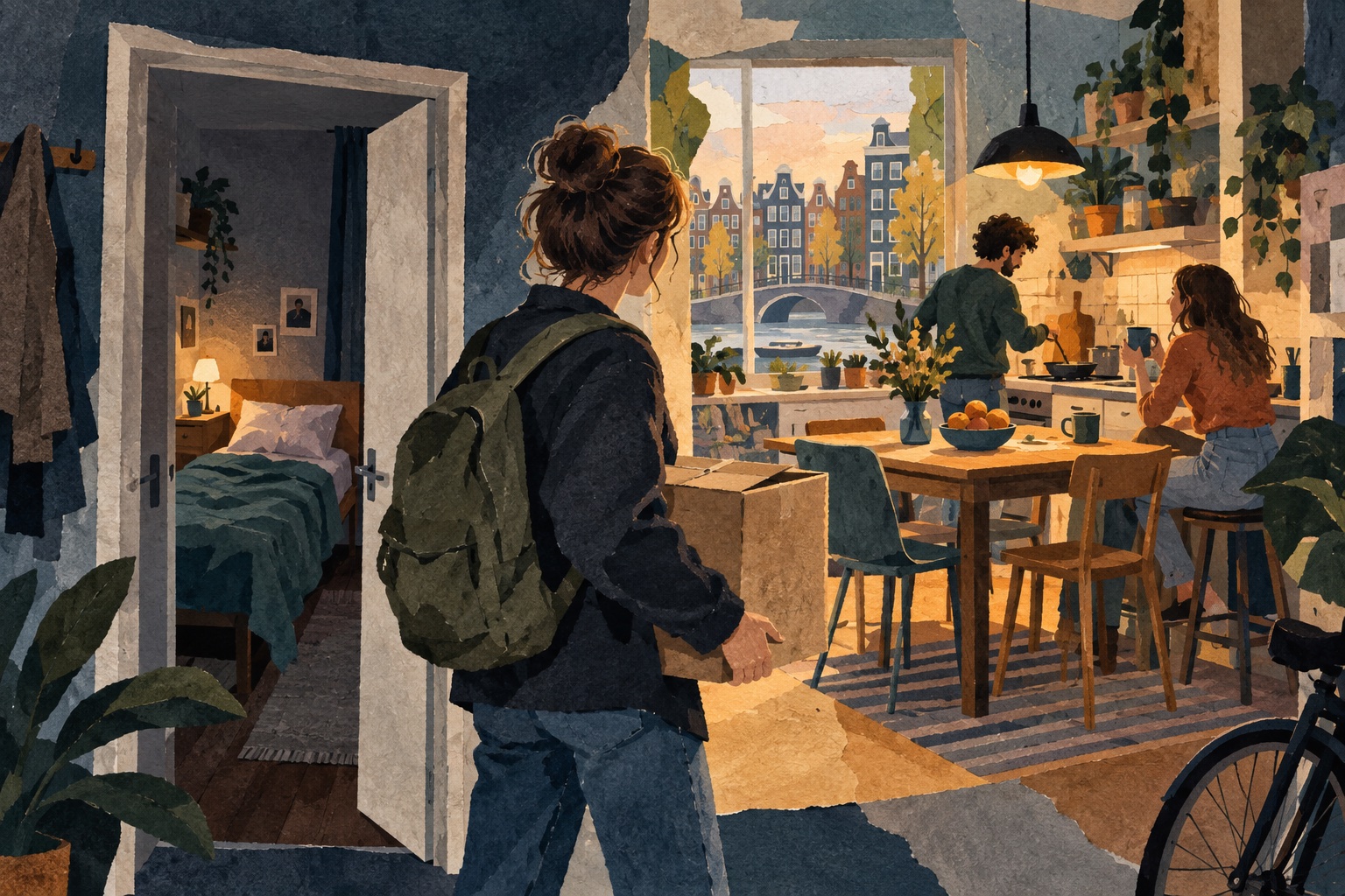 AI-illustratie van een jongvolwassene met verhuisdoos in een gedeelde woning met eigen slaapkamer; geen foto van een echte woning of CBS-gemeten verhuizing.