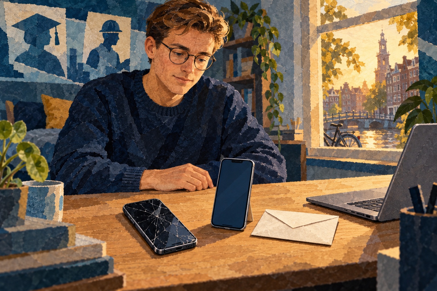 Illustratie van een jonge man aan een bureau met een kapotte telefoon, vervangend toestel en een gesloten envelop voor een herstelcode.
