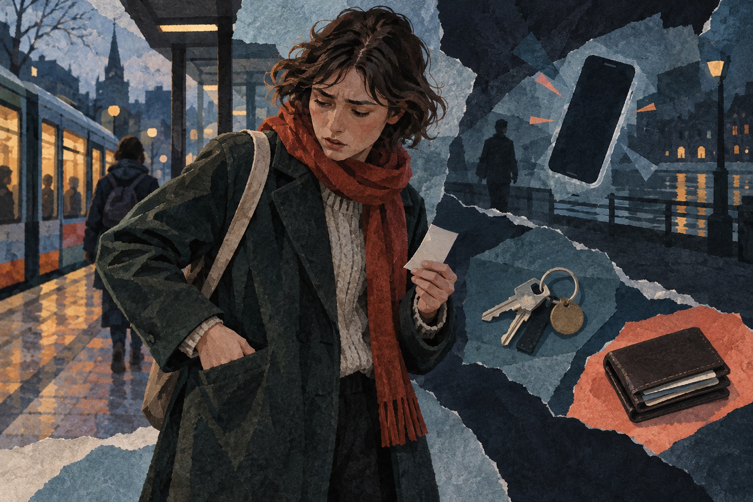 Geschilderde papiercollage van een jonge reiziger die bij een tramhalte merkt dat de telefoon weg is; daarnaast symbolen voor sleutels en een portemonnee.