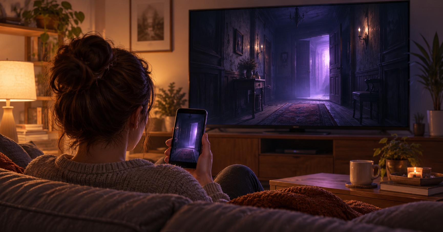 Conceptuele illustratie van iemand die met een telefoon een fictief horrorspel op televisie bedient; geen beeld uit The Conjuring.