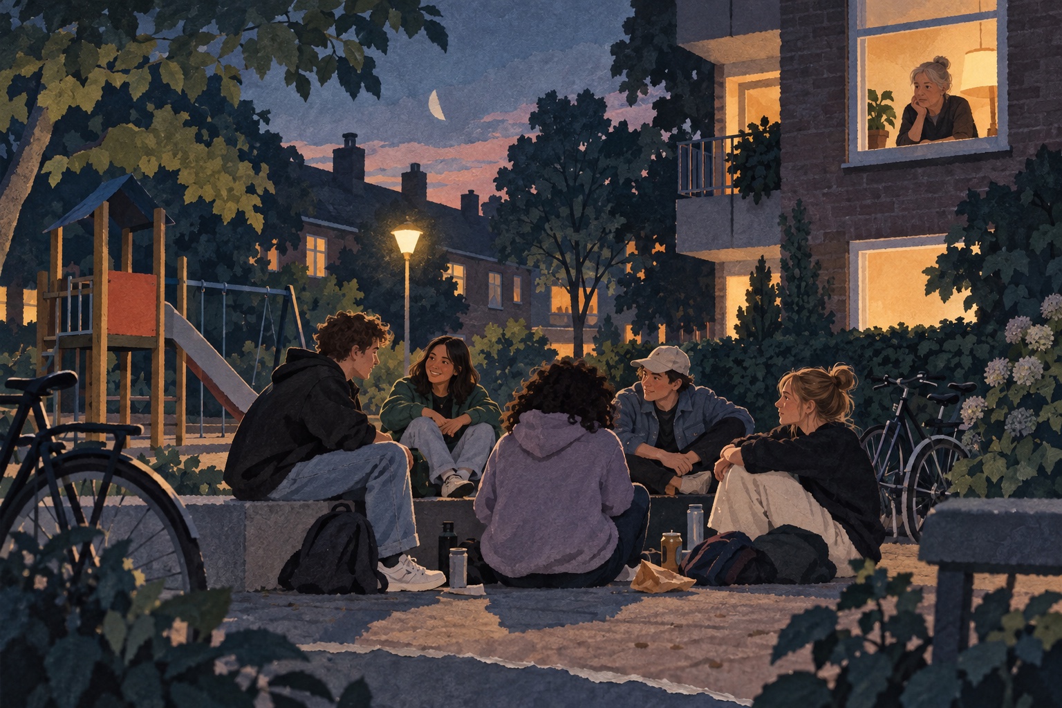 Illustratie van jongeren op een buurtplein en een buurtbewoner bij een raam; geen foto van een onderzochte locatie.
