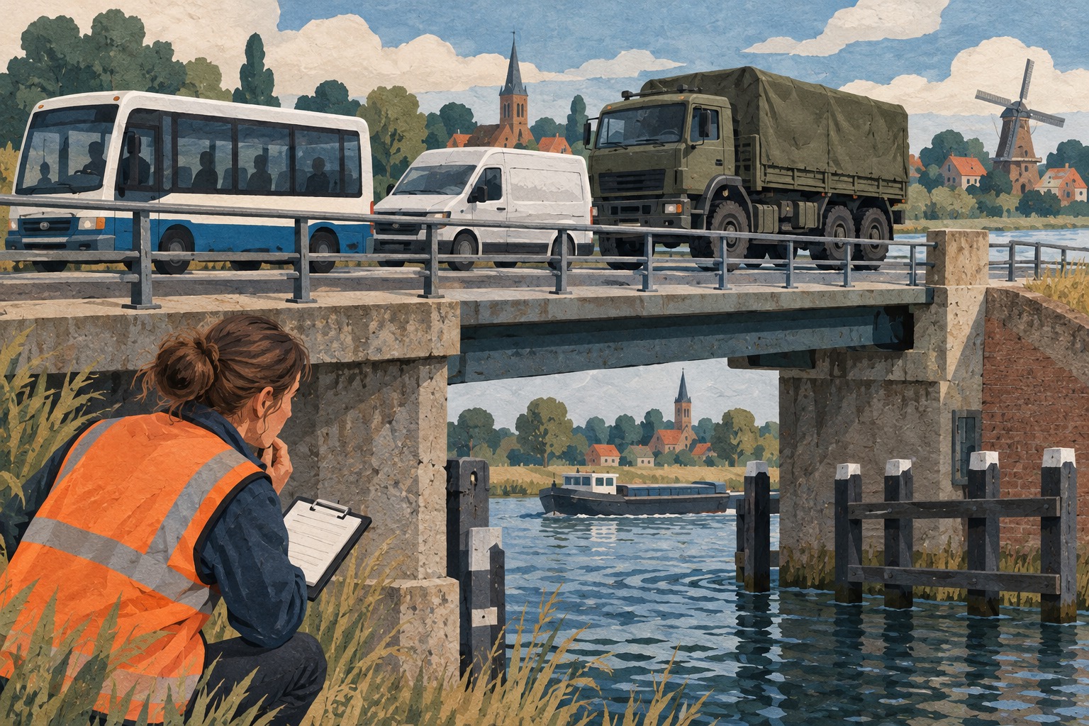 Conceptuele AI-illustratie: een medewerker bekijkt een fictieve brug waarop een bus, bestelwagen en militaire vrachtwagen staan.