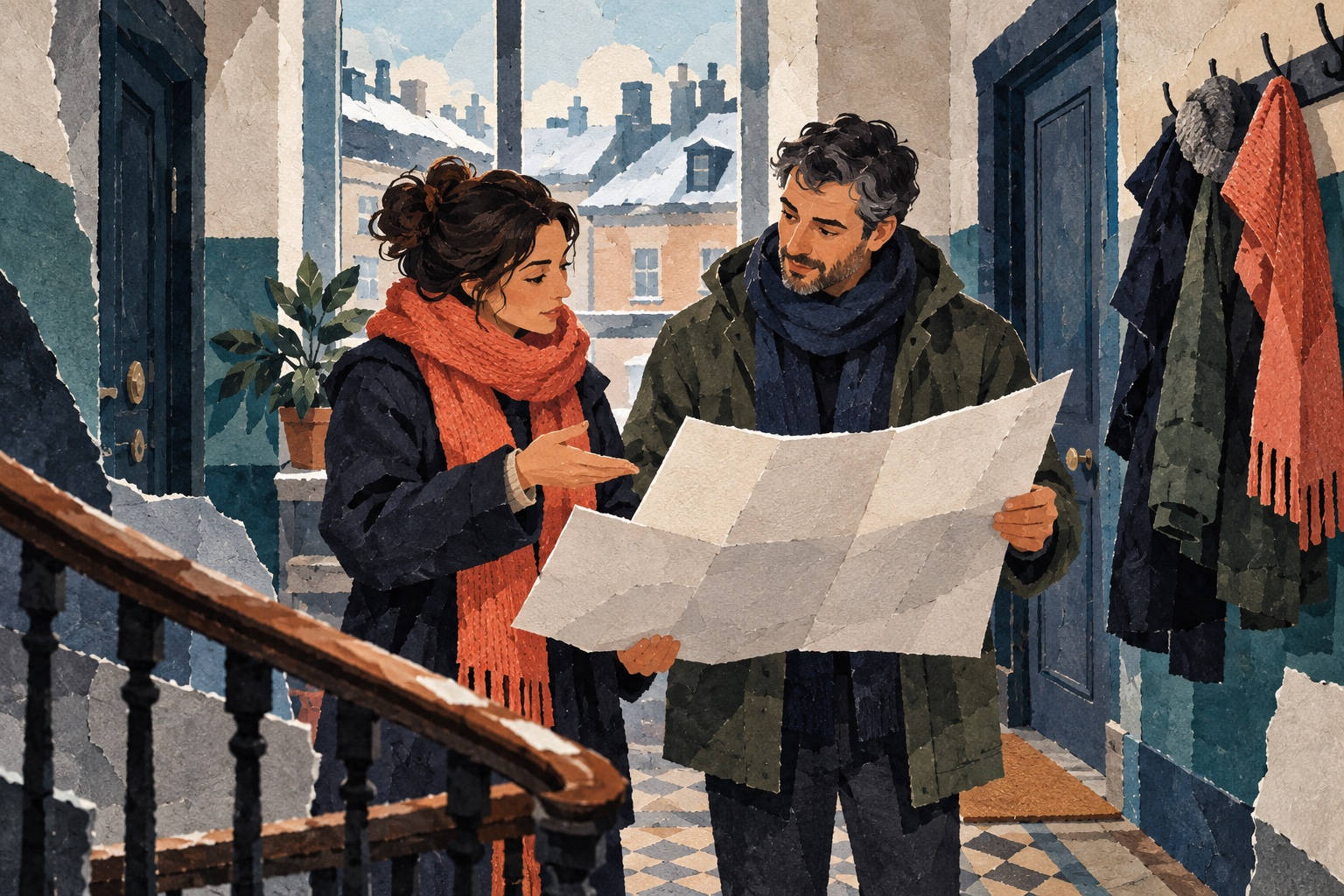 Conceptuele papieren illustratie van twee appartementseigenaren die samen een renovatieplan voor hun gebouw bekijken.