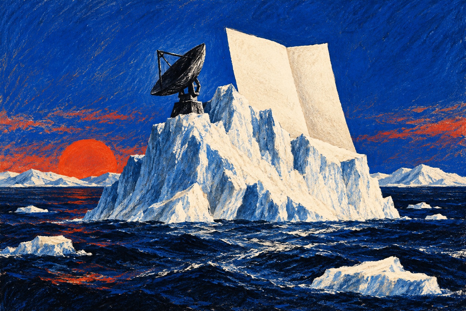 AI-illustratie van een ijsformatie, een radarschotel en een blanco gevouwen document als concept voor Arctische veiligheidsafspraken.