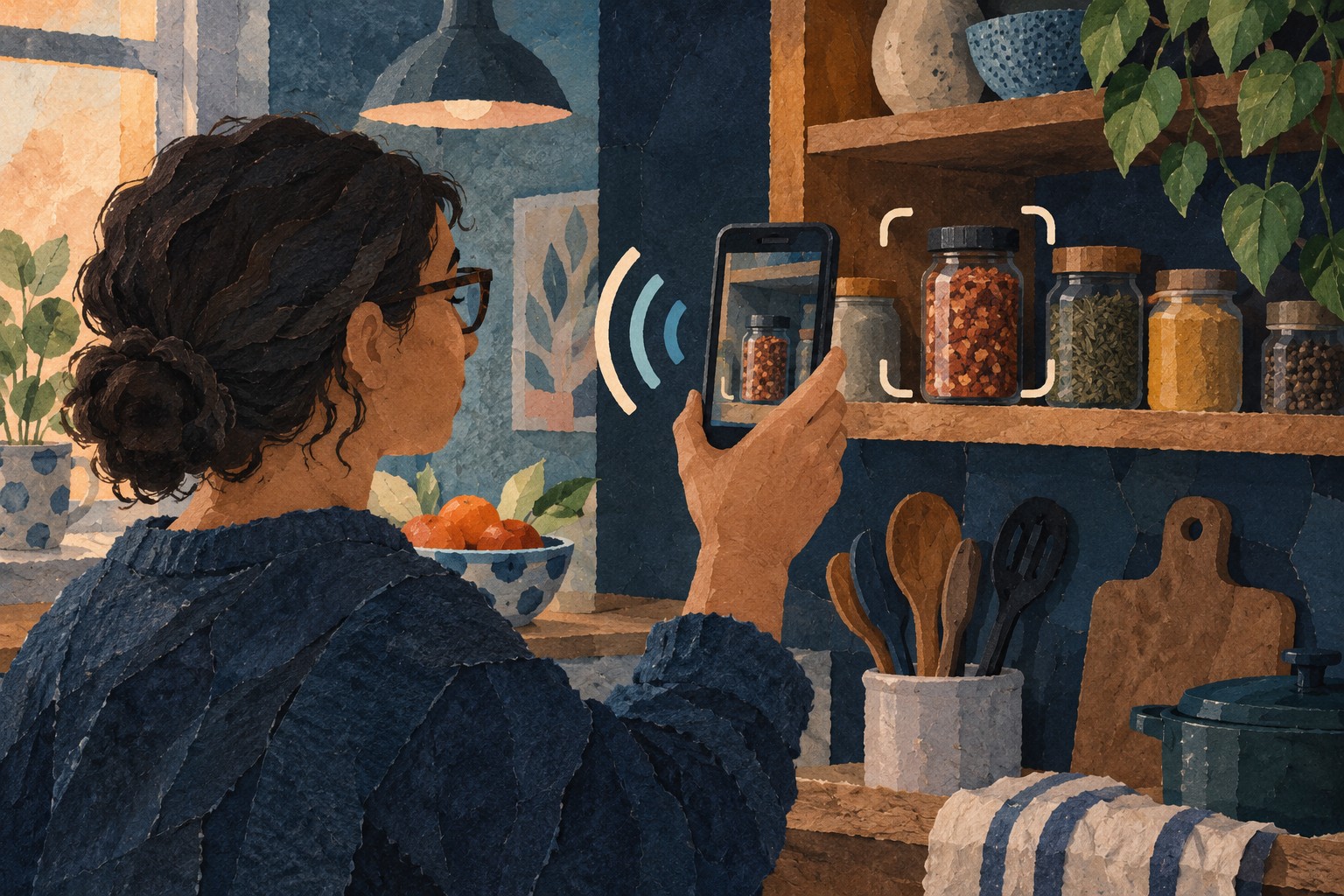Geschilderde papiercollage: iemand met een telefoon zoekt een potje op een keukenplank terwijl abstracte geluidsgolven gesproken hulp verbeelden.