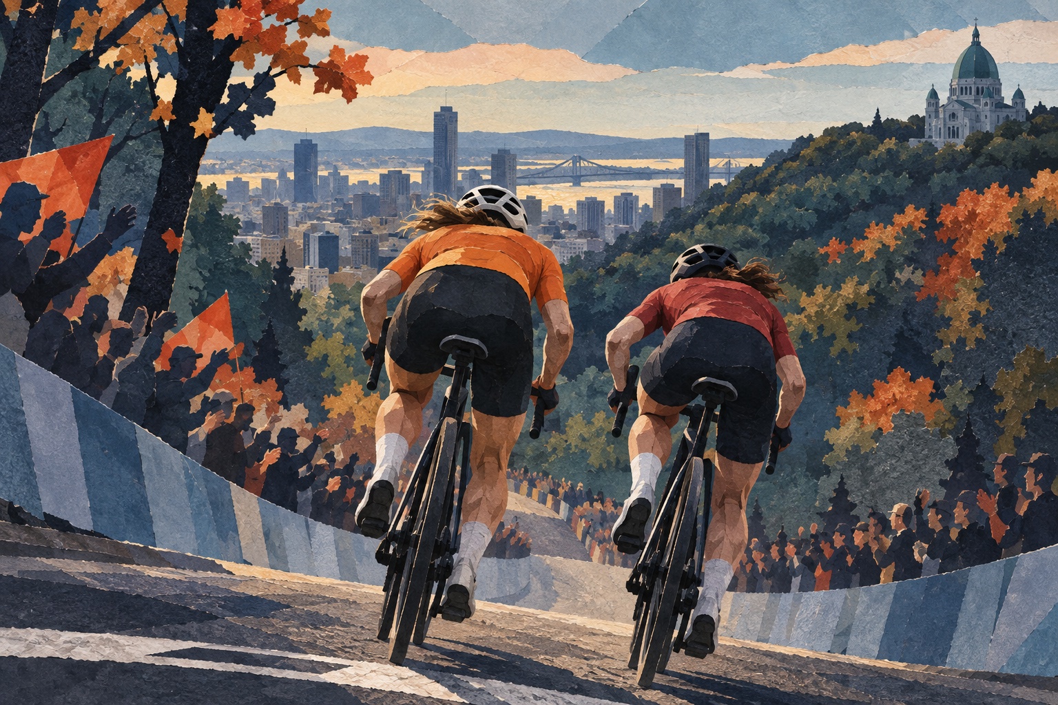 Illustratie van twee anonieme wielrensters die naast elkaar een heuvel oprijden met Montréal op de achtergrond; geen beeld van de WK-race.