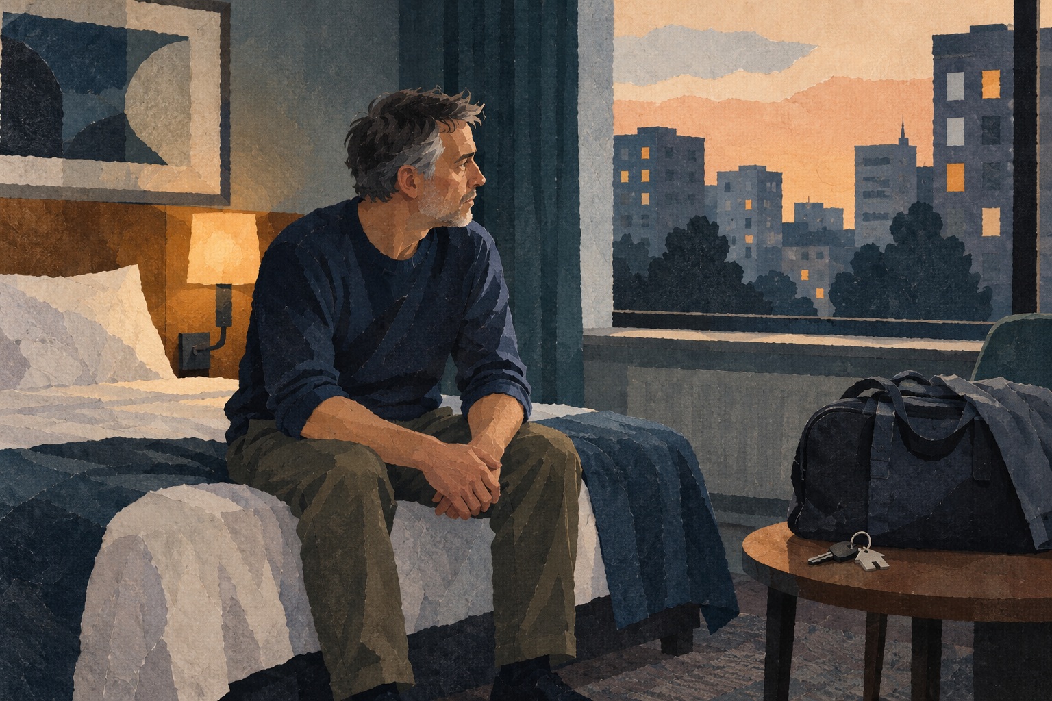 Conceptuele AI-illustratie van een fictieve man met een reistas in een hotelkamer, als verbeelding van tijdelijk verblijf buiten huis.
