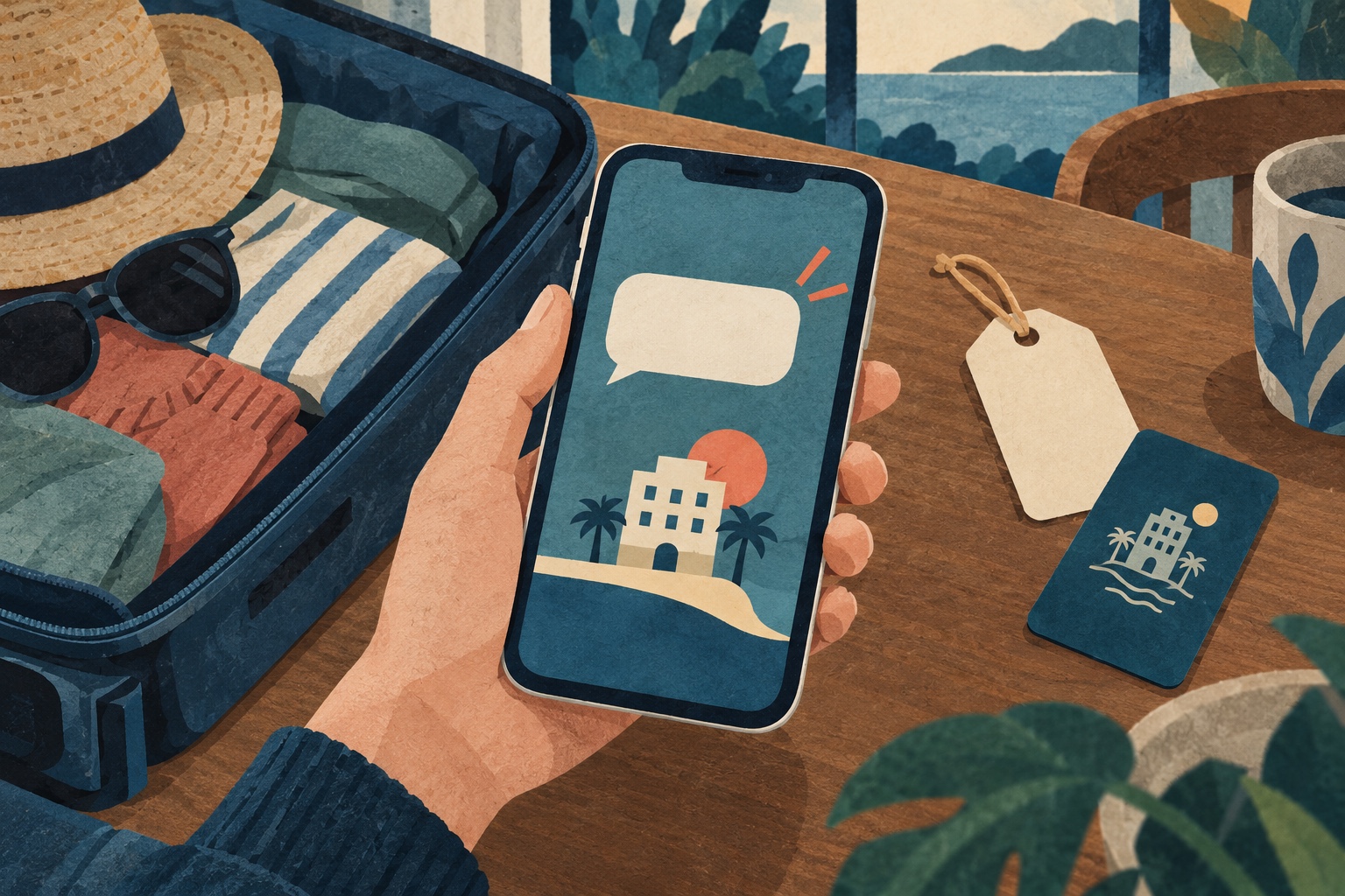 AI-illustratie van een telefoon met een bericht naast een ingepakte reistas en een hotelkaart.
