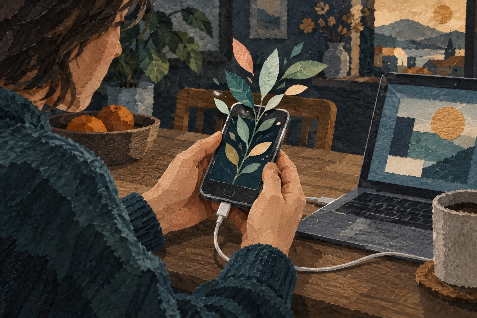 Conceptuele AI-illustratie: een persoon houdt een oudere telefoon vast die met een laptop is verbonden; papieren bladeren verbeelden nieuwe software.