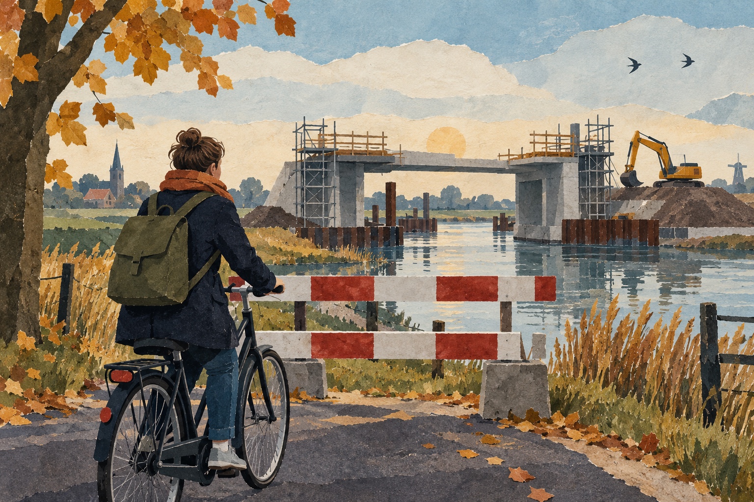 Conceptuele AI-illustratie: een fietser staat bij een afgesloten oversteek langs een kanaal, met een brug in aanbouw en zwaluwen in de lucht; geen beeld van de echte Norgerbrug.