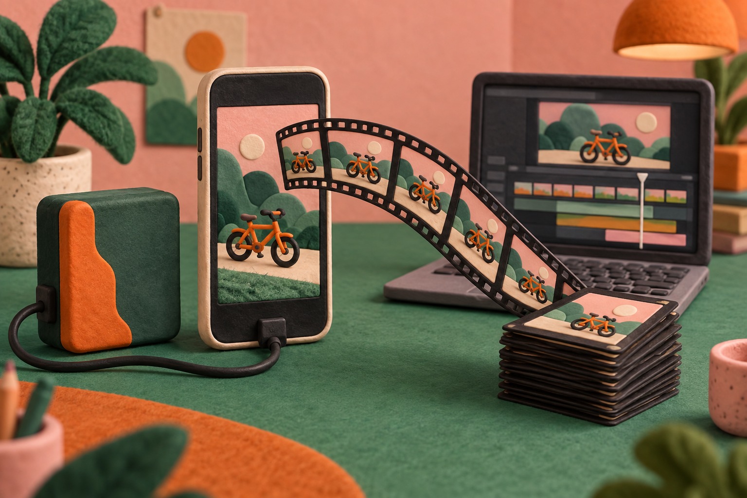 AI-illustratie van een telefoon, opslagschijf en laptop, met een strook losse videobeelden ertussen.