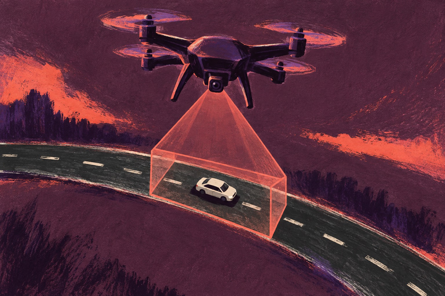 AI-illustratie van een drone boven een auto op een weg, met een koraalkleurig kijkkader als metafoor voor begrensde observatie.