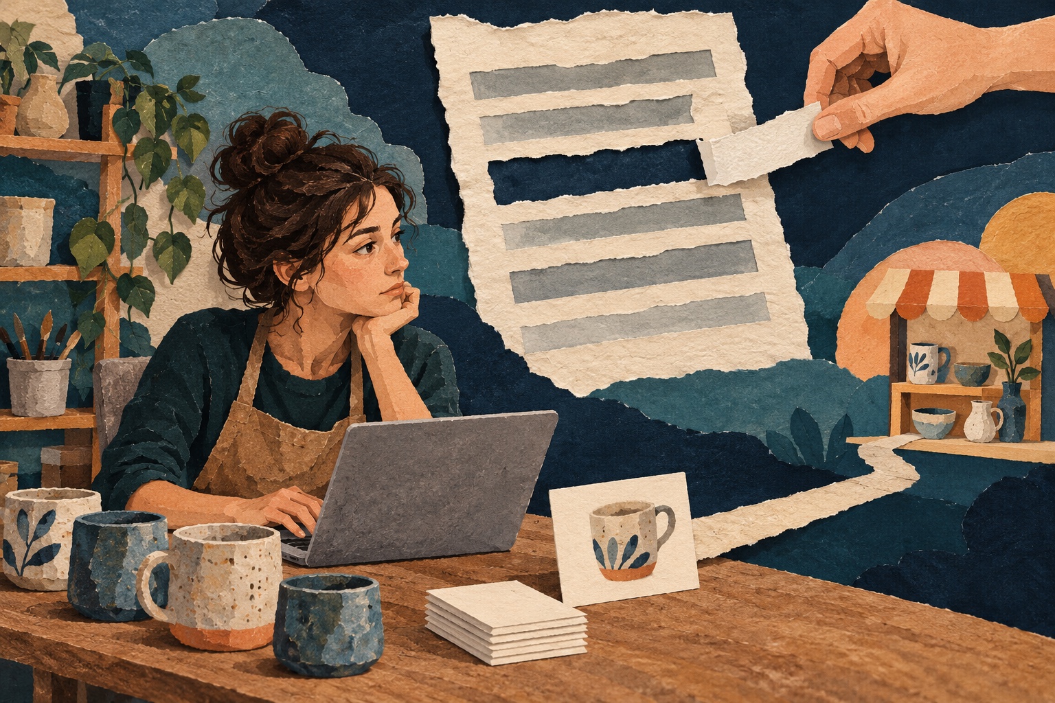 Conceptuele papiercollage van een keramiekmaker achter een laptop, naast een toestemmingsblad waaruit een strook wordt verwijderd. Geen echte ondernemer of Meta-interface.
