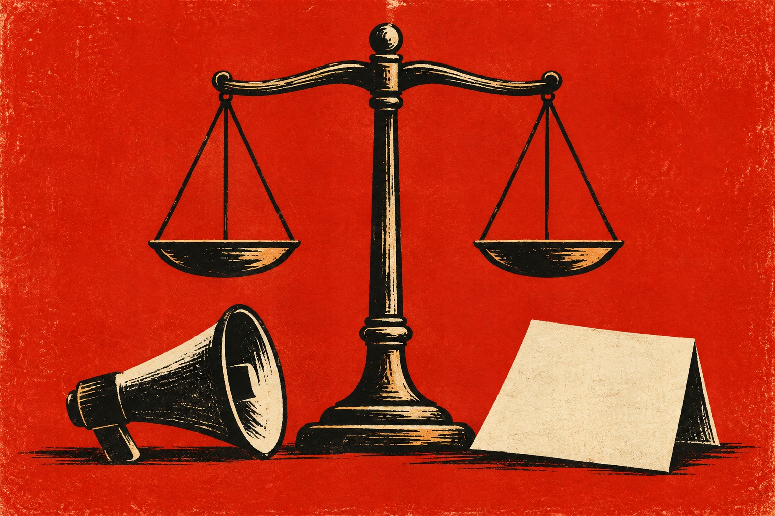 Conceptuele AI-illustratie in linodrukstijl: een weegschaal, megafoon en blanco document tegen een rode achtergrond verbeelden protest en juridische controle.