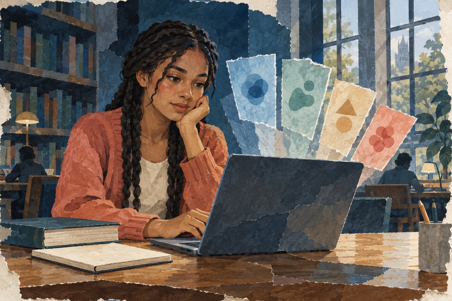 AI-illustratie in papiercollage: een student kiest bij haar laptop tussen verschillende symbolisch afgebeelde AI-modellen.