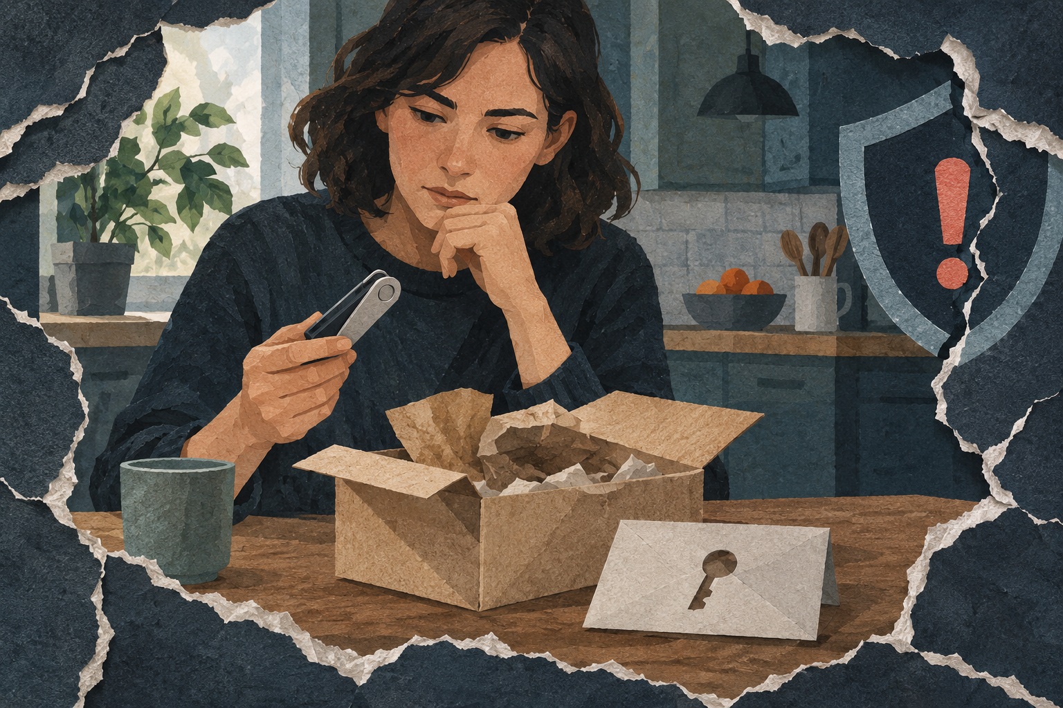 Conceptuele AI-papiercollage van een jonge volwassene met een cryptowallet, een geopende doos en een gesloten envelop met een sleutelsymbool.