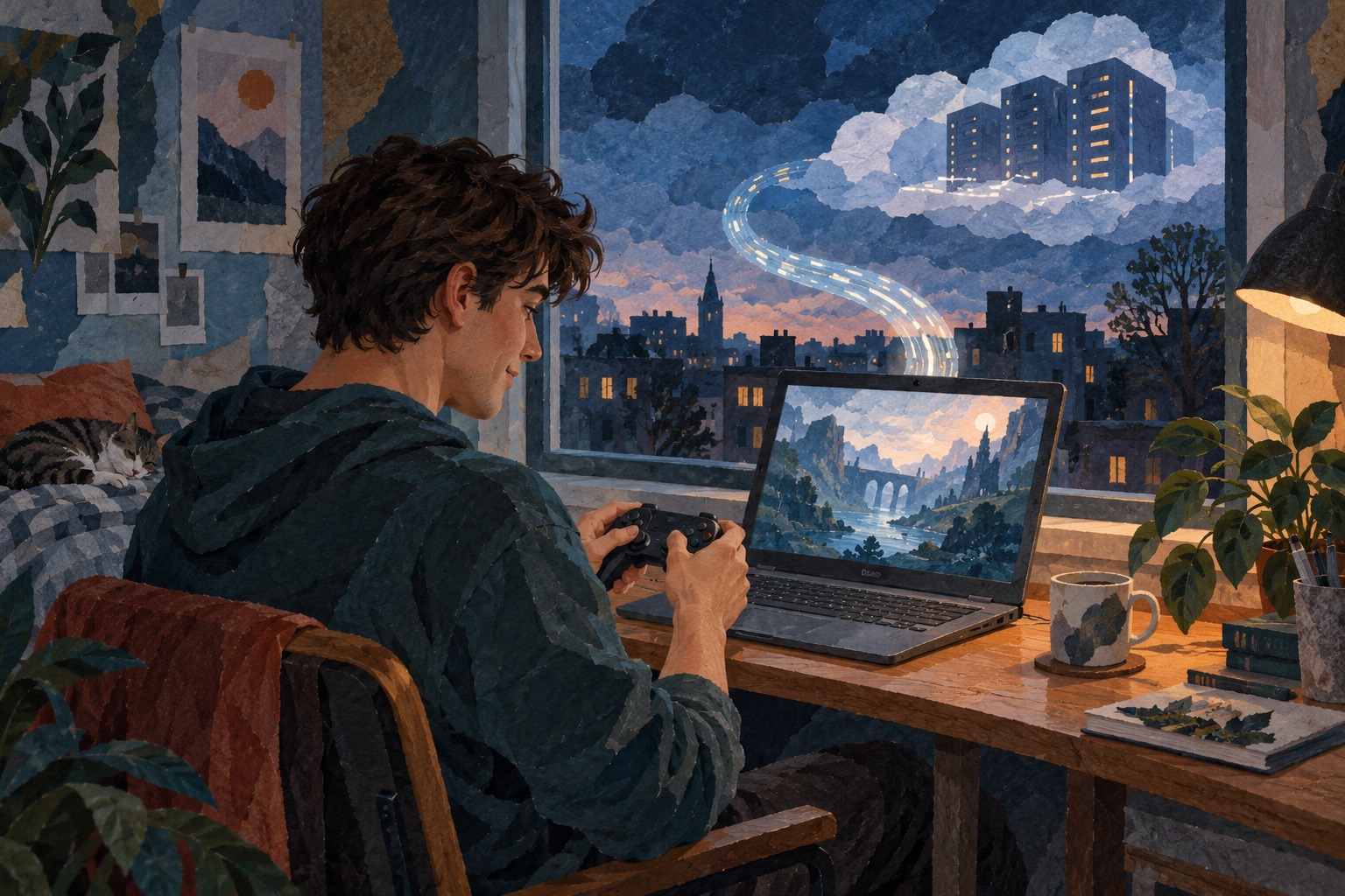 Conceptuele papiercollage van een volwassen gamer die een lichte laptop en controller gebruikt, met rekenkracht op afstand verbeeld.