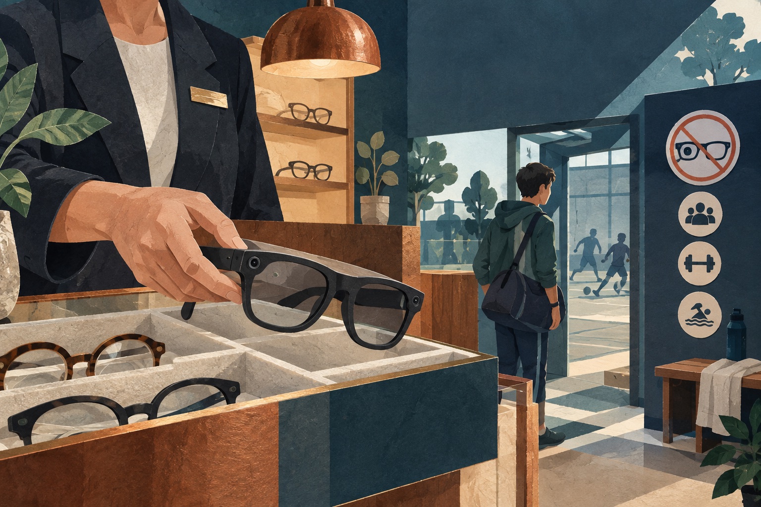 Conceptuele illustratie van een medewerker die een camerabril uit een brillenvitrine haalt naast de ingang van een sportlocatie.