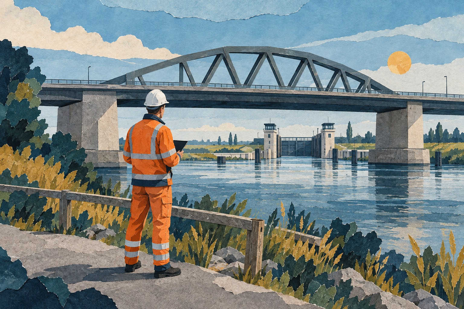 Conceptuele AI-illustratie van een ingenieur bij een lage stalen brug en een sluis in een Nederlands rivierlandschap.