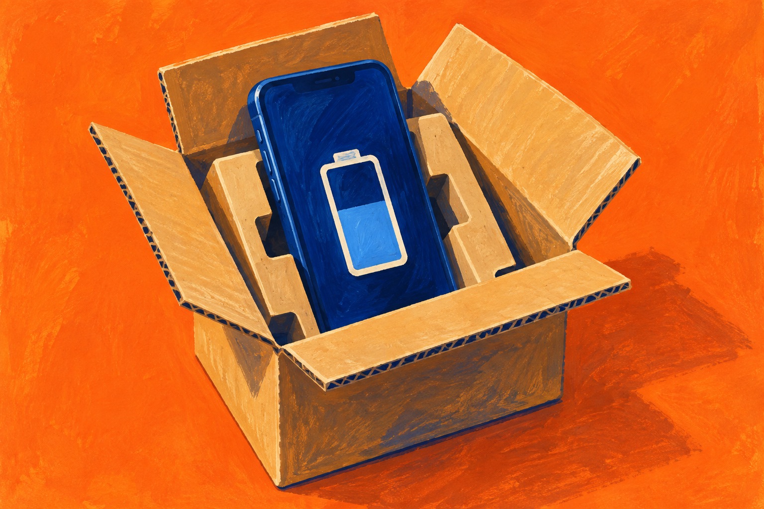 AI-illustratie van een blauwe smartphone met accusymbool in een oranje verzenddoos.