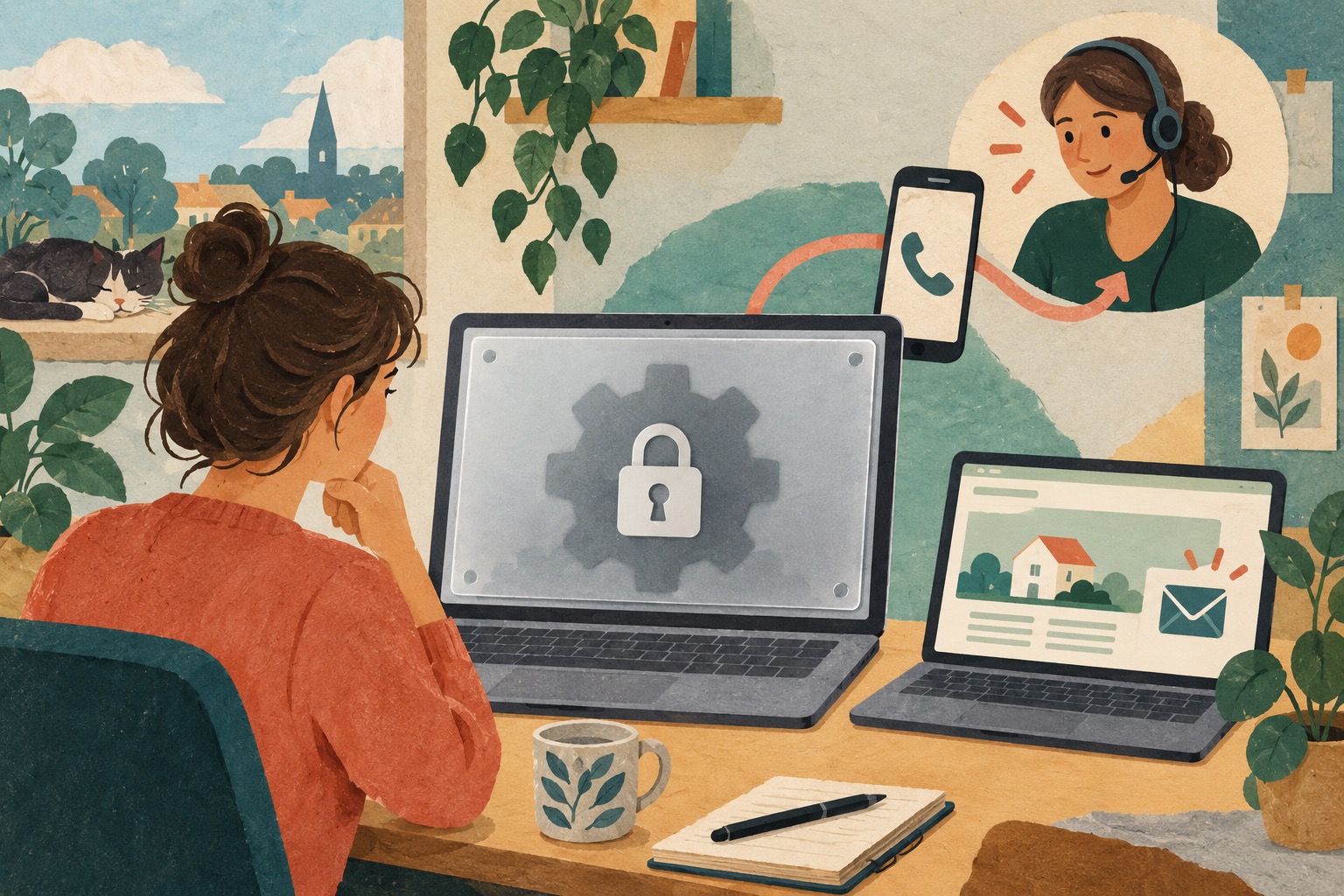 AI-illustratie van een websitehouder met afgeschermde instellingen op een laptop en een omweg via klantenservice. Het openbare webscherm blijft zichtbaar; dit is geen echte Versio-interface.