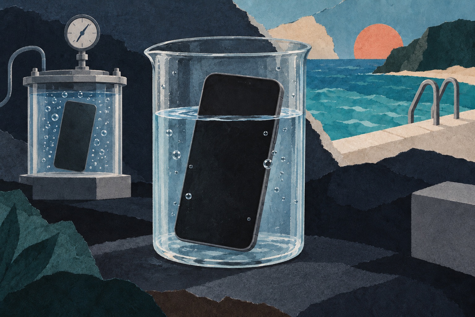 Conceptuele geschilderde papiercollage van generieke telefoons in waterproefvaten met een zwembad op de achtergrond.