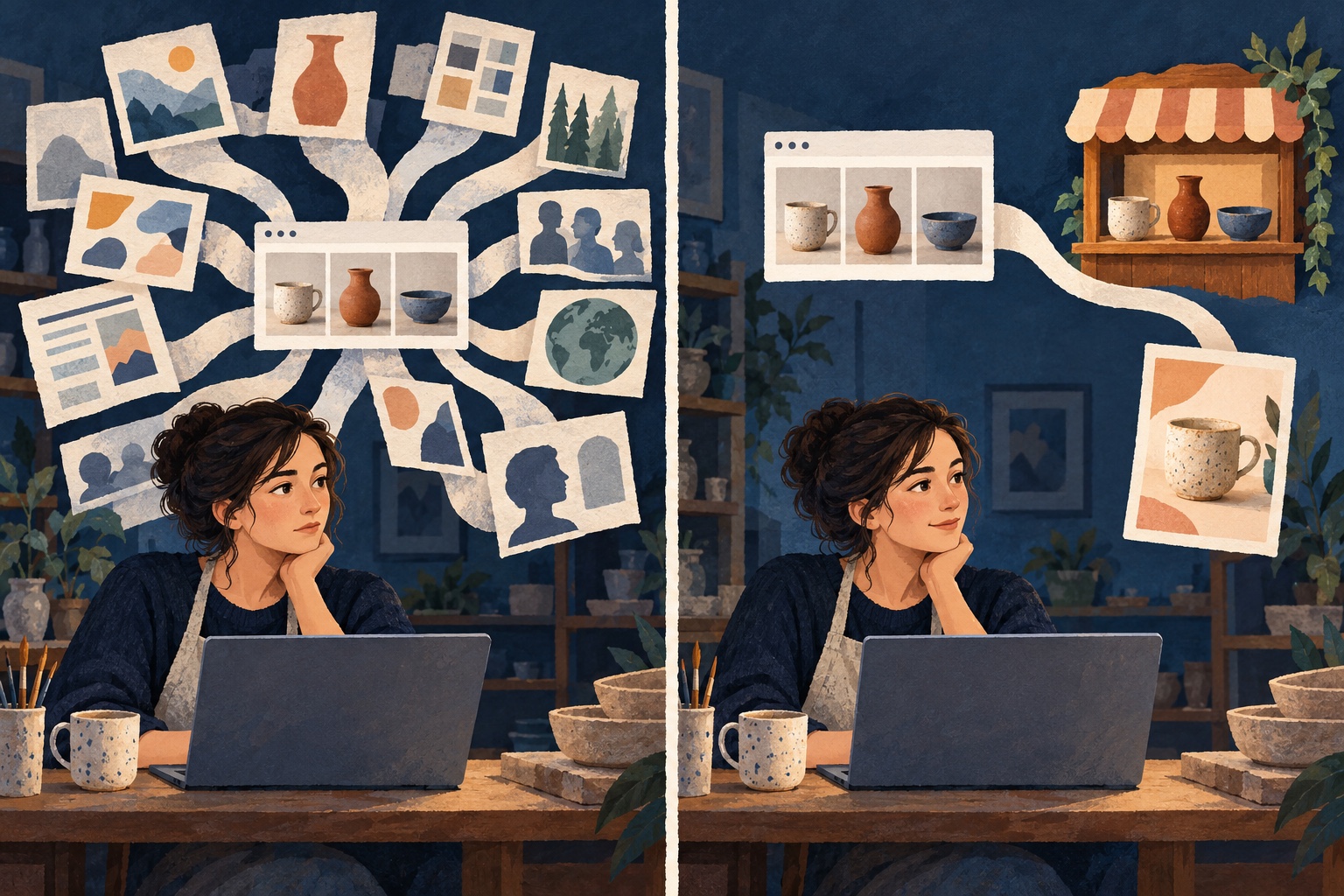 Twee vergelijkbare collages: links vertakt een website naar veel soorten inhoud; rechts loopt de verbinding naar een winkel en productkaart.