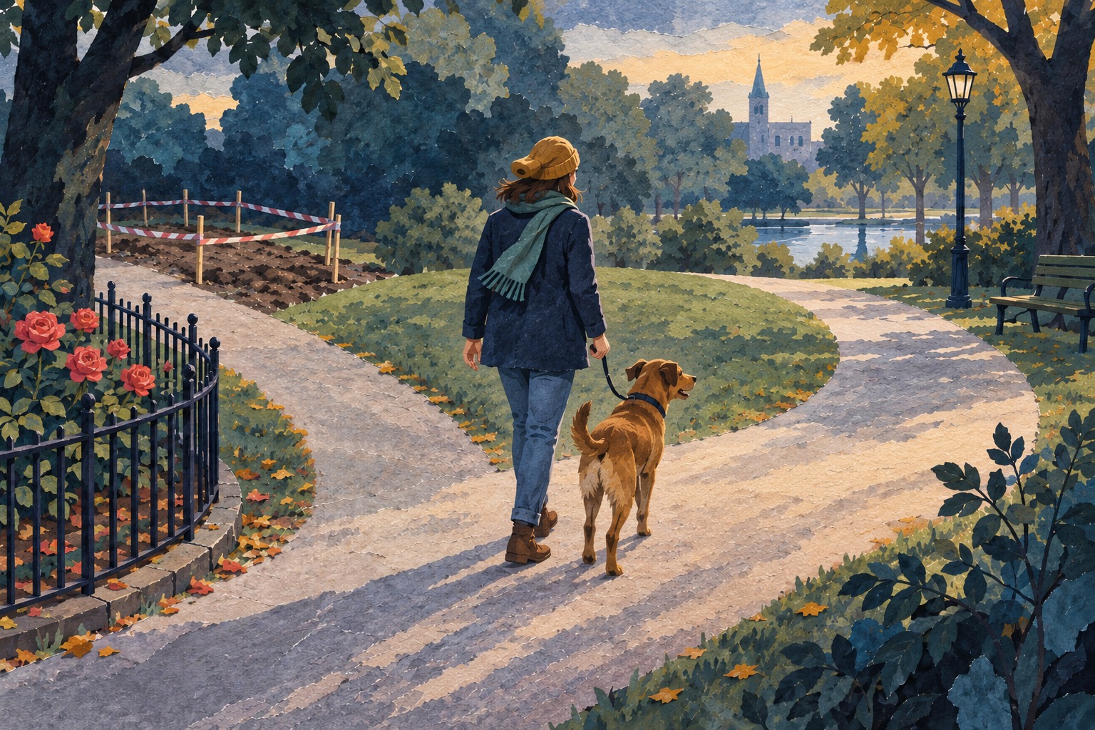 Conceptuele AI-illustratie van een gezonde hond en wandelaar die een pad weg van een afgezet perk kiezen.