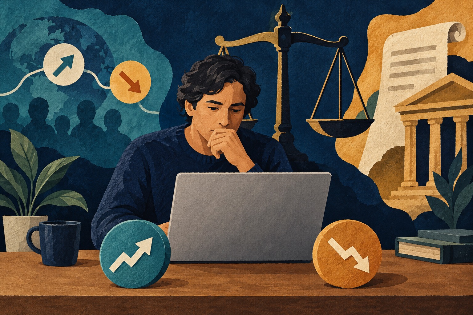 Conceptuele AI-illustratie van een gebruiker, een online voorspelling en een juridische afweging; geen echte Polymarket-interface of rechtbankfoto.