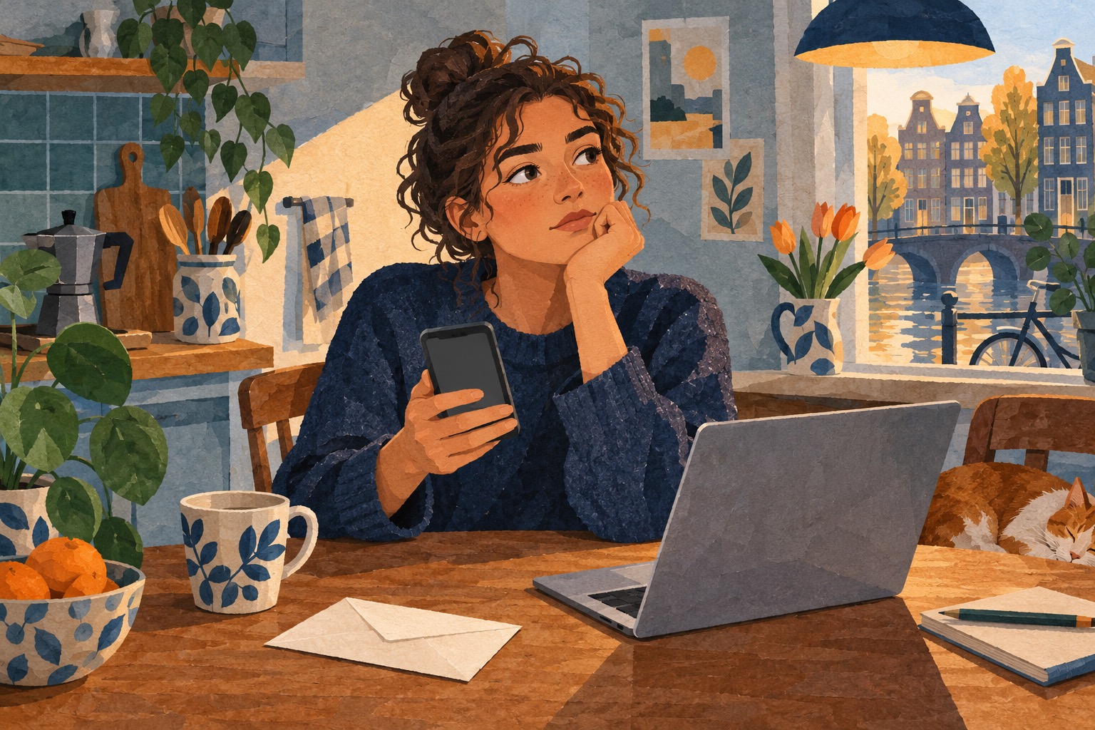 Conceptuele papiercollage van een student die thuis met telefoon en laptop wacht tijdens een digitale aanvraag; geen echt DigiD-scherm.