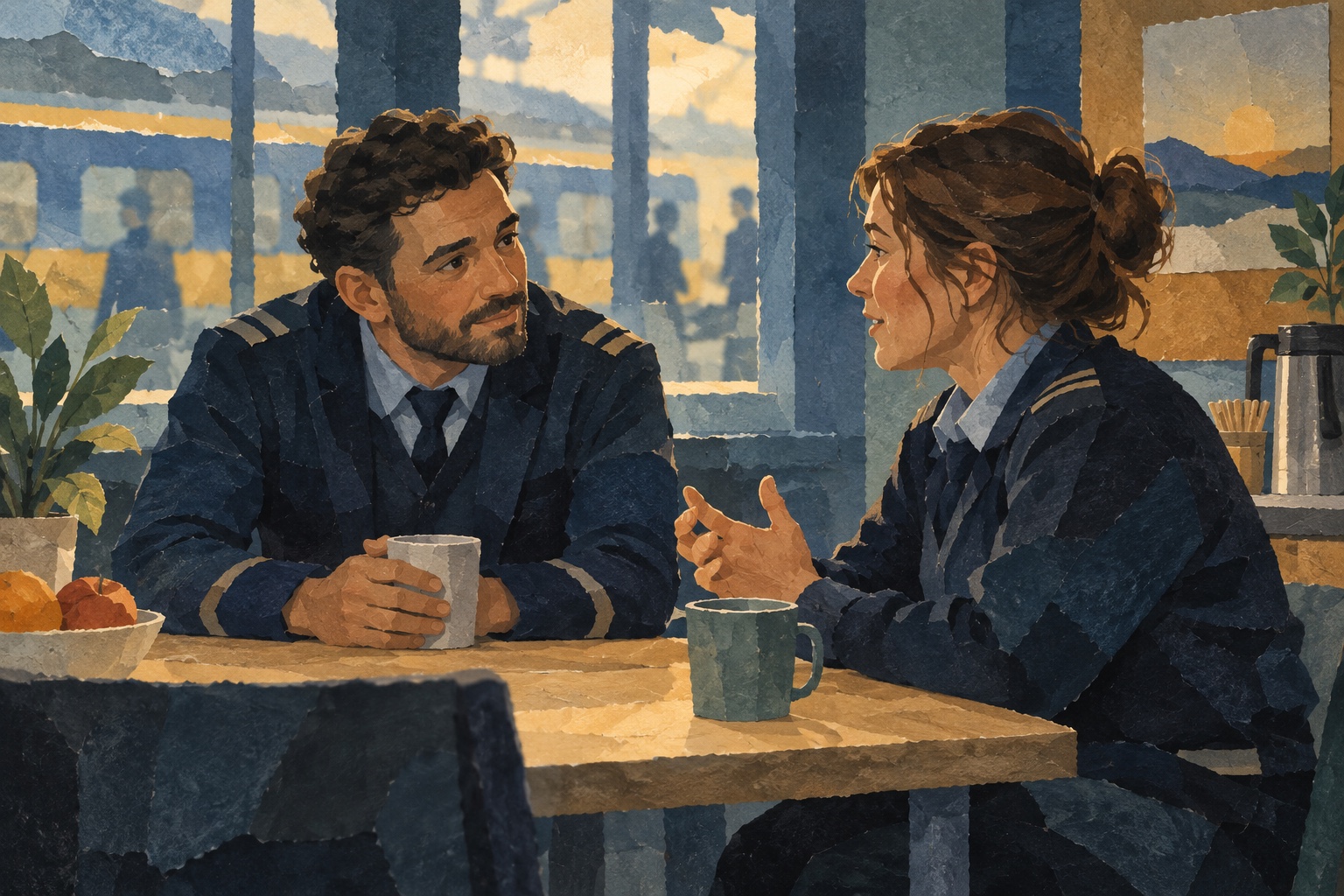 Conceptuele AI-illustratie van twee fictieve spoormedewerkers die in een personeelsruimte met elkaar praten.