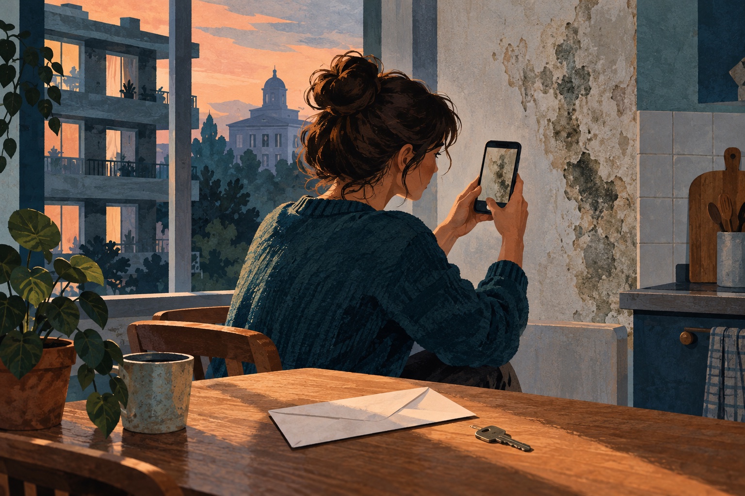 Illustratie van een huurder die met een telefoon een vochtplek op de muur vastlegt; op tafel liggen een envelop en huissleutel.