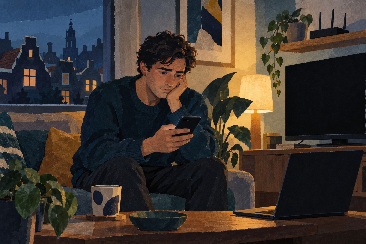 Geschilderde papiercollage van een jonge man met smartphone naast een donkere televisie; de lamp in de kamer brandt.