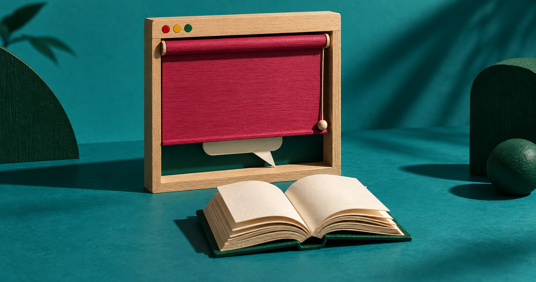 AI-illustratie van een houten browservenster met een neergelaten framboosrood rolgordijn, een papieren tekstballon en een open boek op een turquoise tafel.