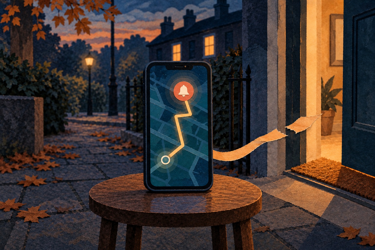 Conceptuele papiercollage van een telefoon en een onderbroken verbinding met een verlichte voordeur.