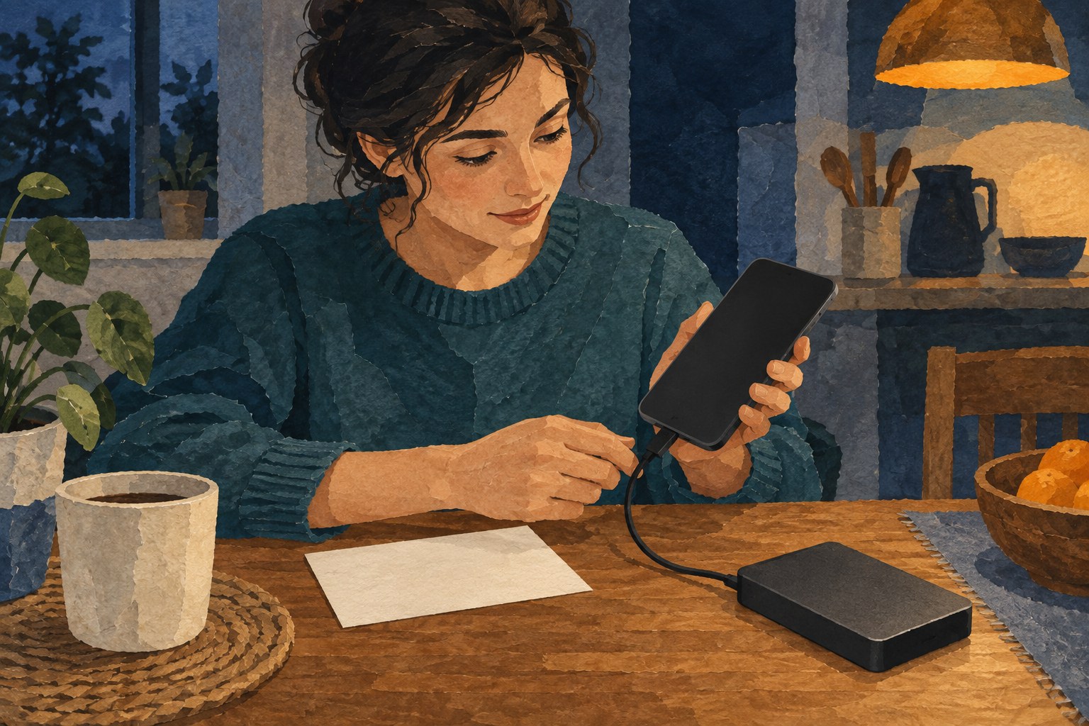 Conceptuele papiercollage: een jongere sluit vóór een telefoonwisseling een intacte telefoon op een eigen opslagschijf aan.