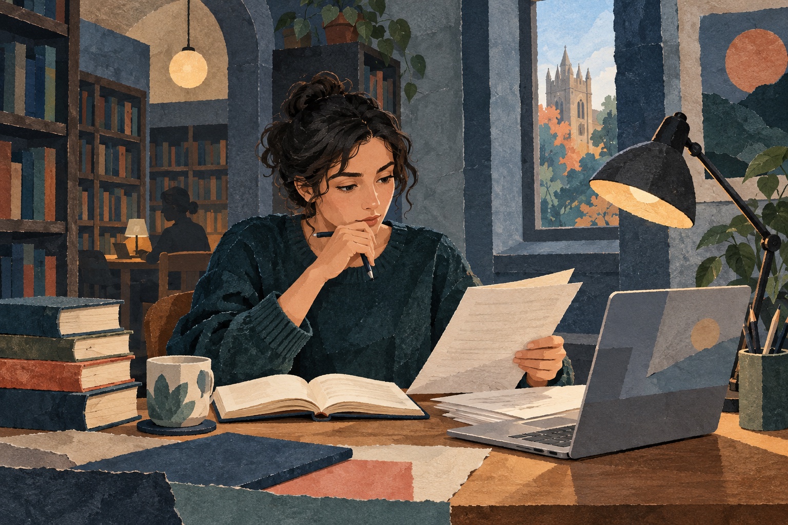 Conceptuele AI-illustratie van een fictieve student die papieren en boeken naast een laptop bekijkt.