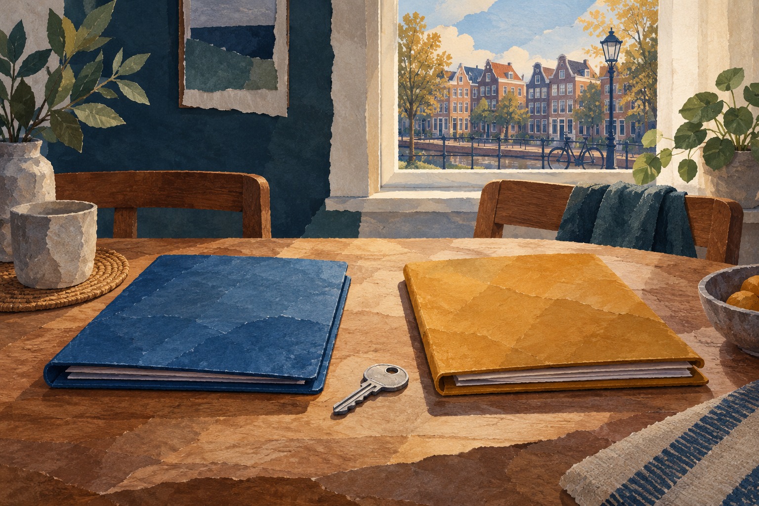 Conceptuele illustratie van twee gesloten documentenmapjes en een huissleutel op een tafel bij een raam.