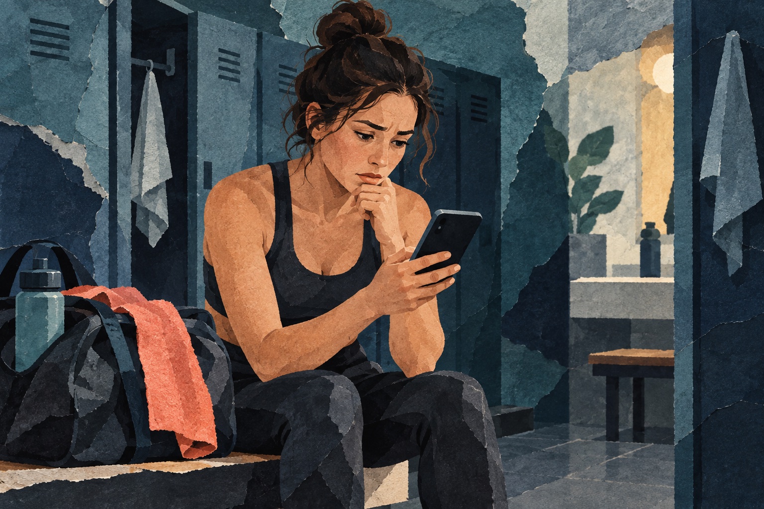 Illustratieve papieren collage van een sporter die in de kleedkamer een bericht op een telefoon controleert; geen echte Jims-klant of schermafbeelding.