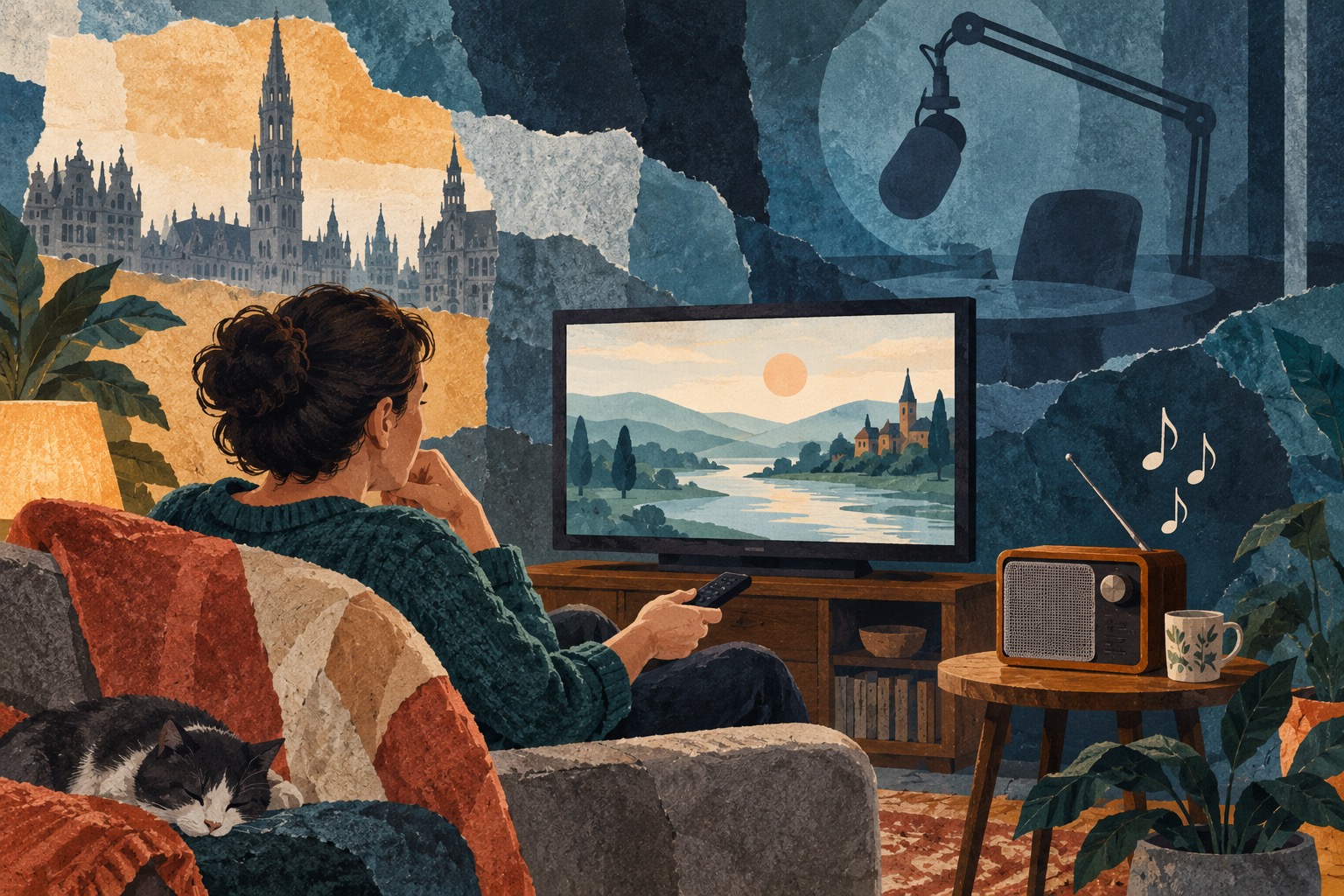 Illustratie van een kijker met afstandsbediening, een televisie, radio en ongebruikte microfoon.