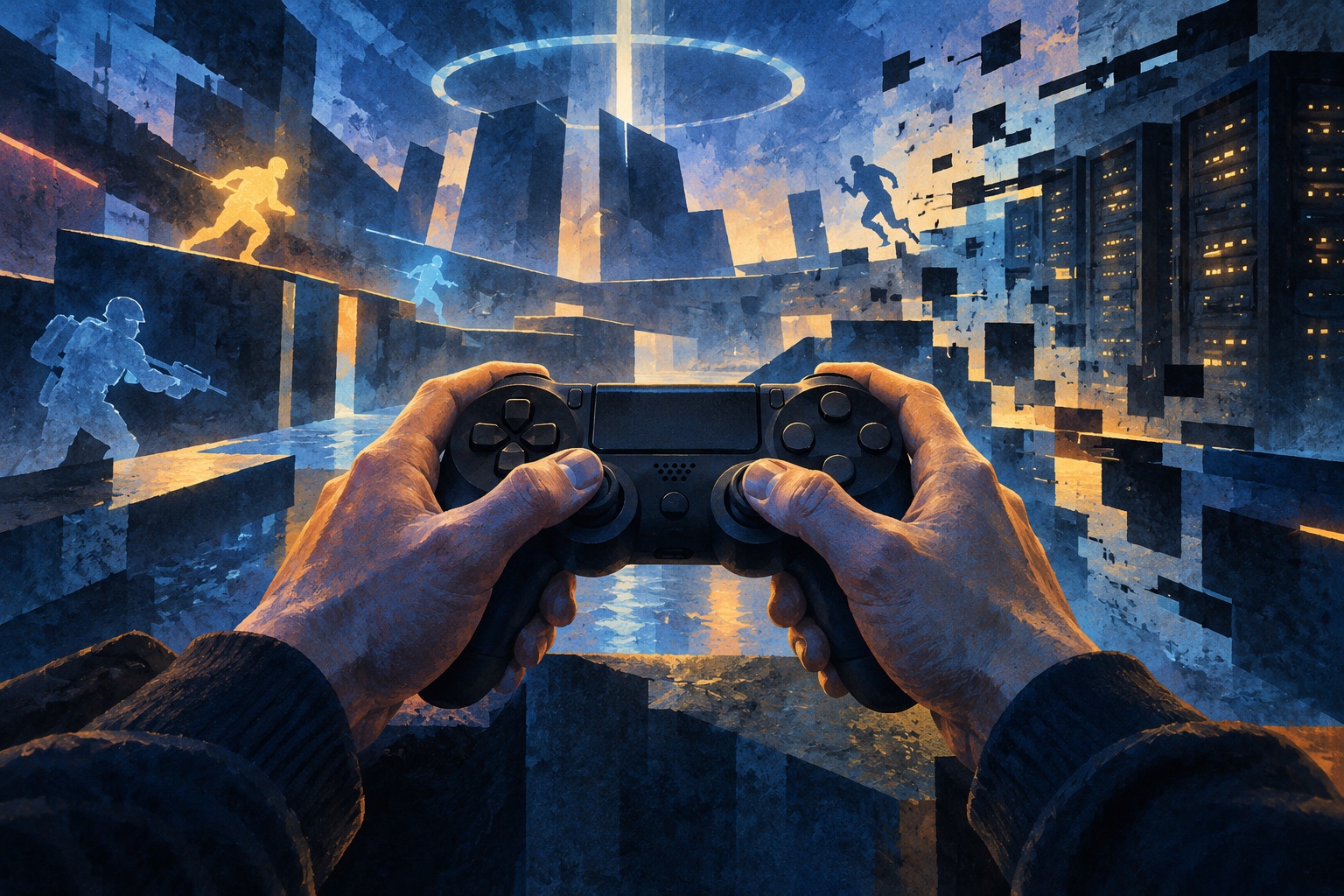 Conceptuele illustratie van handen met een generieke gamecontroller voor een abstracte, deels verstoorde online spelwereld; geen beeld van GTA V of de rechtszaak.
