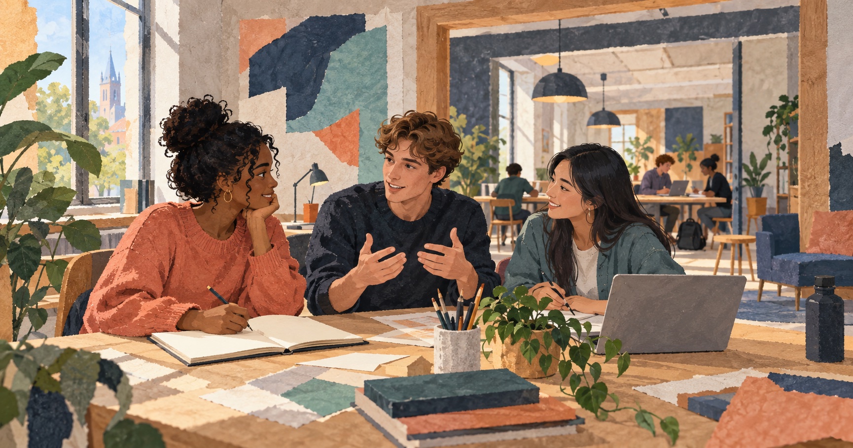 Conceptuele illustratie van drie studenten aan een gezamenlijke werktafel, met een extra ruimte achter een open doorgang.
