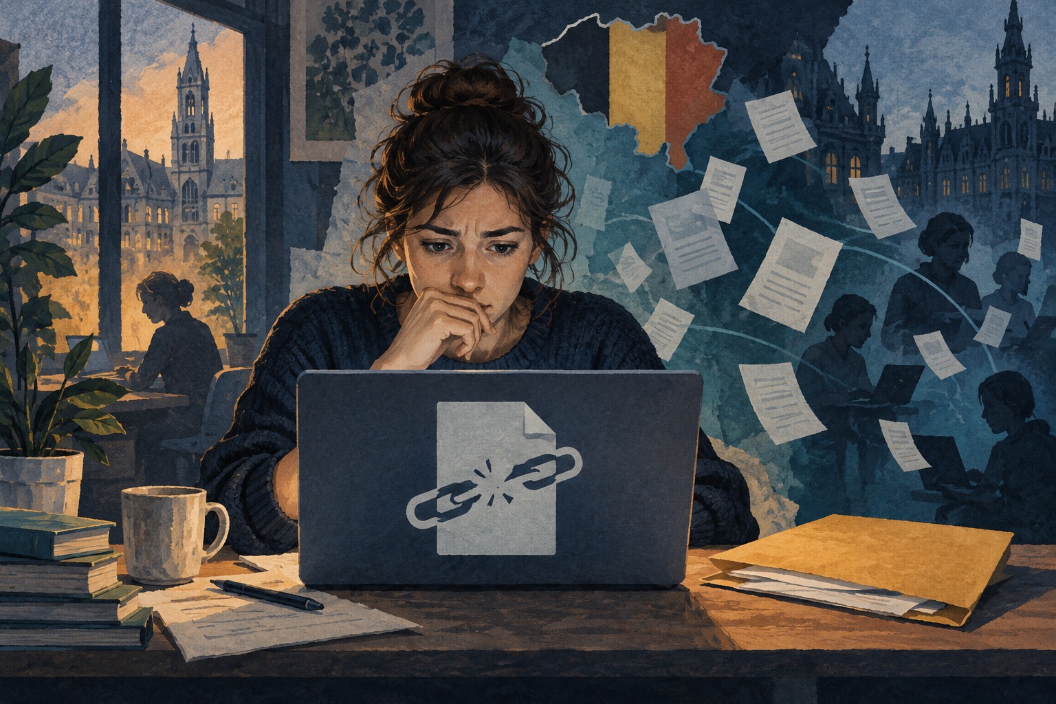 Conceptuele AI-illustratie van een student bij een laptop met een verbroken schakel en losse documenten; geen echte aanval of FileSender-scherm.