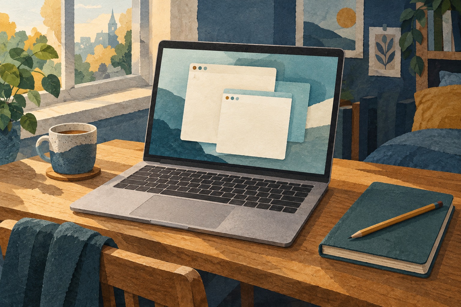 Conceptuele AI-illustratie van een eenvoudige laptop met enkele lege vensters, een schrift en een kopje op een bureau.