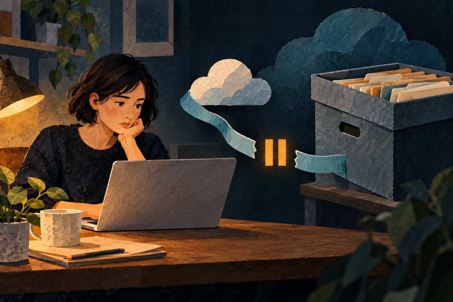 Papiercollage van een medewerker met laptop en een onderbroken verbinding naar een archiefdoos.