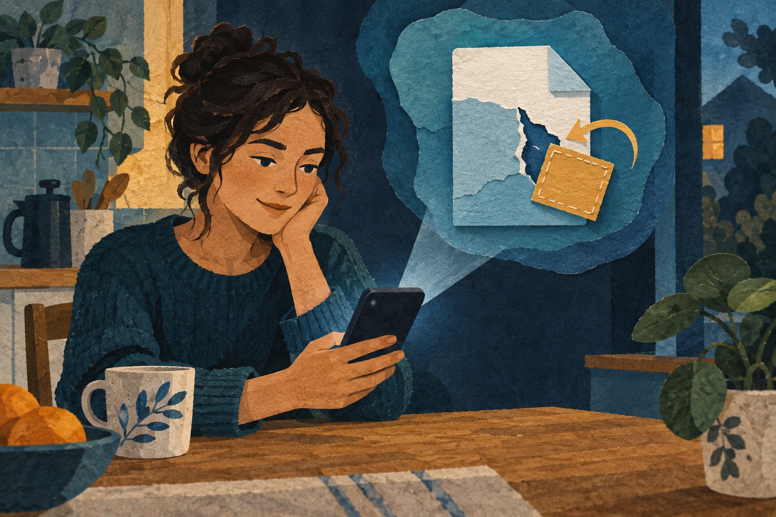 Geschilderde papiercollage van iemand met een telefoon en een abstract bestand waarvan een scheur met een papieren lapje wordt hersteld.
