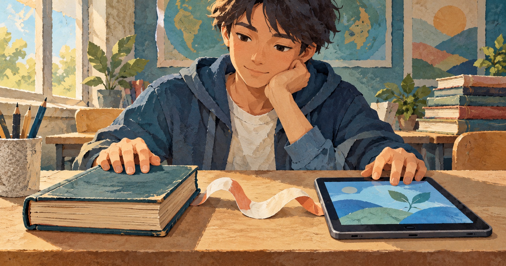 Conceptuele AI-illustratie van een leerling met een schoolboek en tablet naast elkaar; geen echte lesmethode of test.