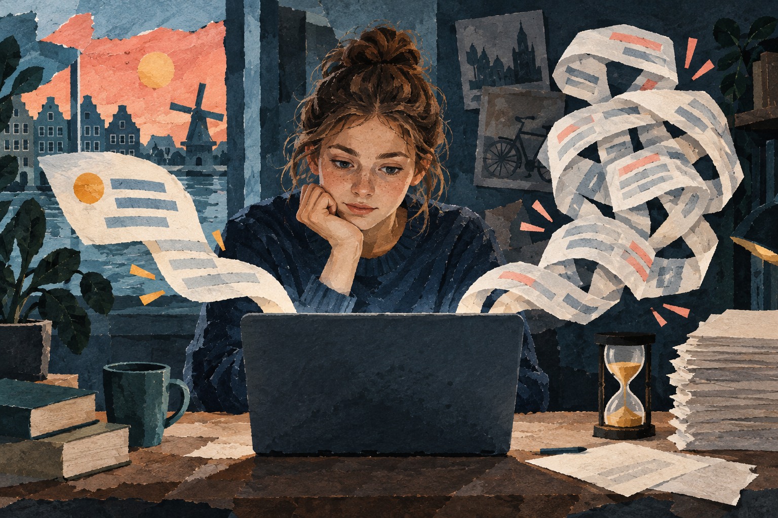 Geschilderde papiercollage van een jongere aan een laptop, met abstracte papierstroken en een zandloper als beeld voor verschil in werktijd.